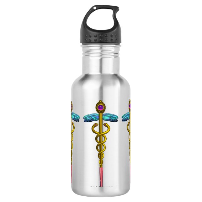 GOLD CADUCEUS MEDICAL SYMBOL STAINLESS STEEL WATER BOTTLE (Front)