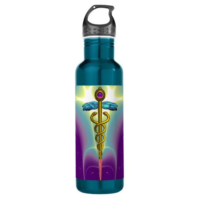 GOLD CADUCEUS MEDICAL SYMBOL STAINLESS STEEL WATER BOTTLE (Front)