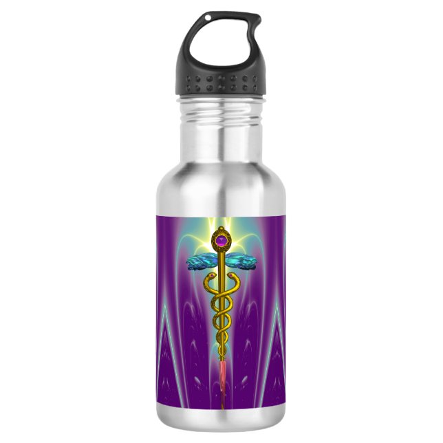 GOLD CADUCEUS MEDICAL SYMBOL STAINLESS STEEL WATER BOTTLE (Front)