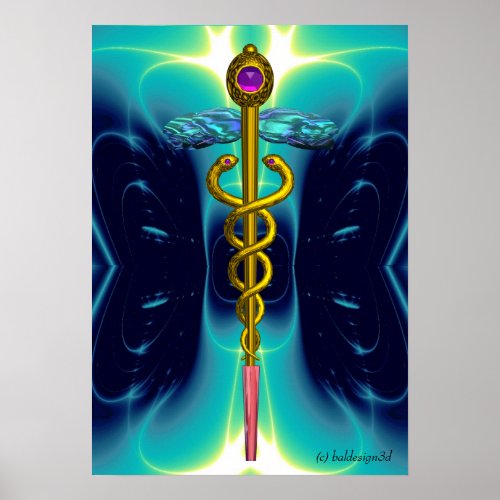 GOLD CADUCEUS Medical Symbol Teal Aqua Blue Waves Poster