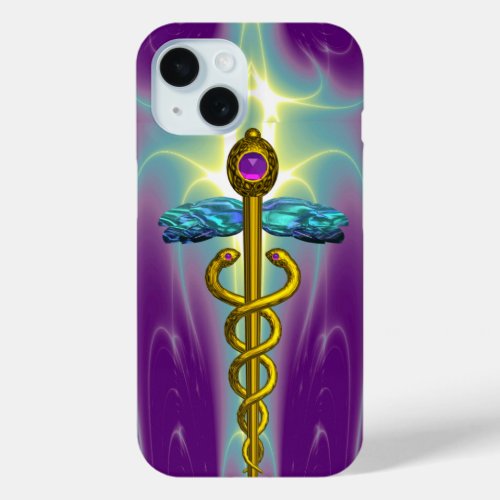 GOLD CADUCEUS MEDICAL SYMBOL Teal Green Purple iPhone 15 Case