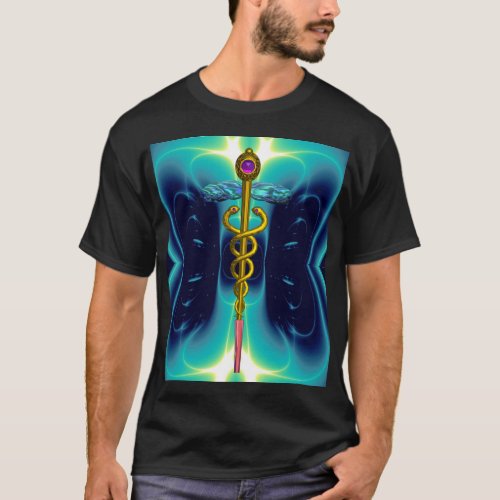 GOLD CADUCEUS MEDICAL SYMBOL Teal Turquoise Blue T_Shirt