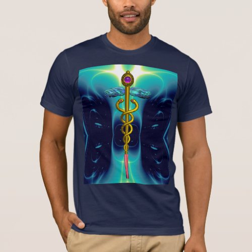 GOLD CADUCEUS MEDICAL SYMBOL Teal Turquoise Blue T_Shirt