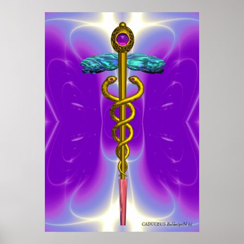 GOLD CADUCEUS Medical Symbol Ultra Violet Purple Poster