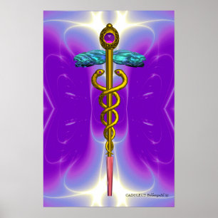 GOLD CADUCEUS Medical Symbol Ultra Violet Purple Poster