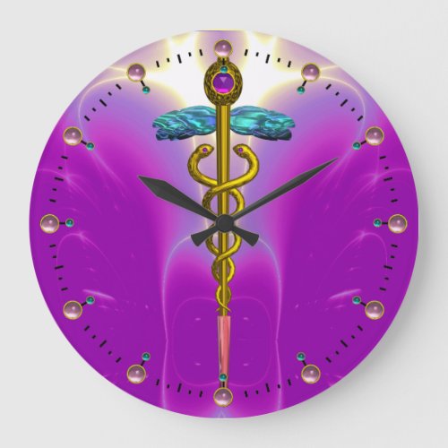 GOLD CADUCEUS Medical Symbol Vibrant Pink Fuchsia Large Clock