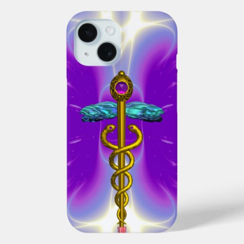 GOLD CADUCEUS MEDICAL SYMBOL Violet Purple iPhone 15 Case