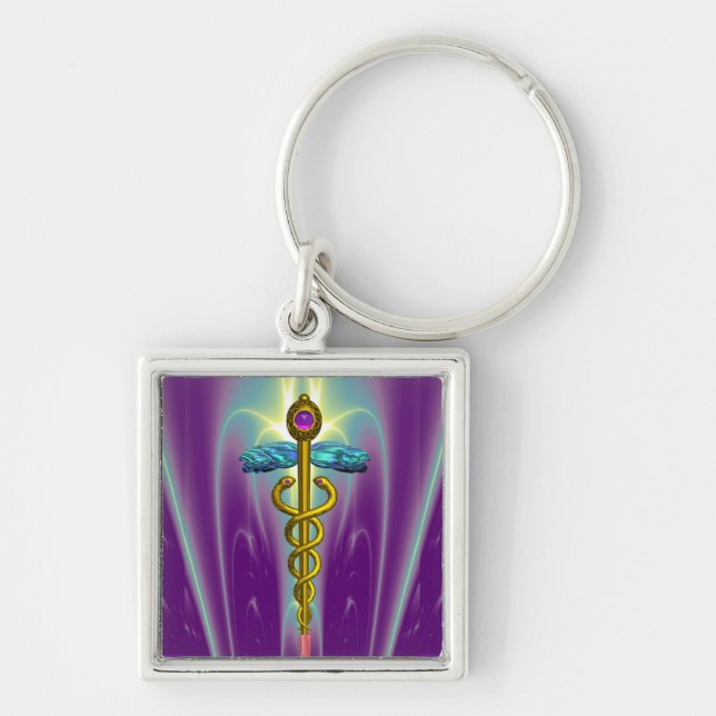 GOLD CADUCEUS MEDICAL SYMBOL Violet Purple Green Keychain (Front)