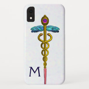 GOLD CADUCEUS MEDICAL SYMBOL White Monogram iPhone XR Case