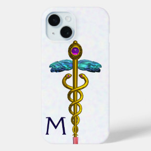 GOLD CADUCEUS MEDICAL SYMBOL White Monogram iPhone 15 Case