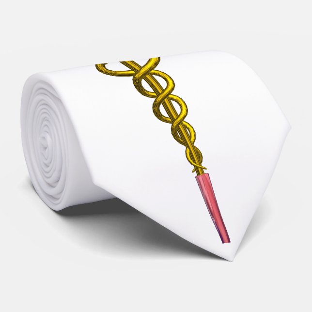 GOLD CADUCEUS MEDICAL SYMBOL , White Neck Tie (Rolled)