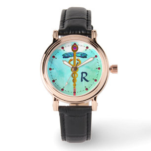 GOLD CADUCEUS MONOGRAM ,Aqua Blue,Teal Green Watch