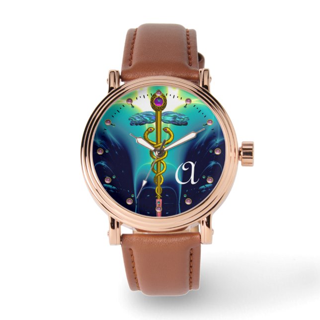 GOLD CADUCEUS MONOGRAM ,Aqua Blue,Teal Watch (Front)