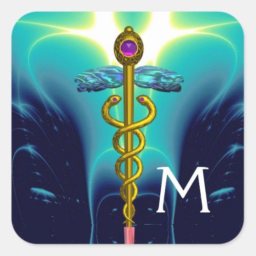 GOLD CADUCEUS MONOGRAM Blue Turquoise Square Sticker