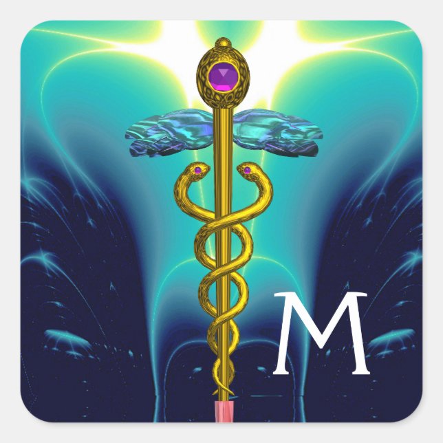 GOLD CADUCEUS MONOGRAM ,Blue Turquoise Square Sticker (Front)