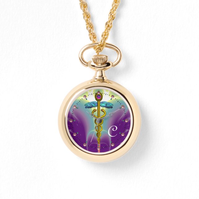 GOLD CADUCEUS MONOGRAM ,Purple Green Watch (Front)