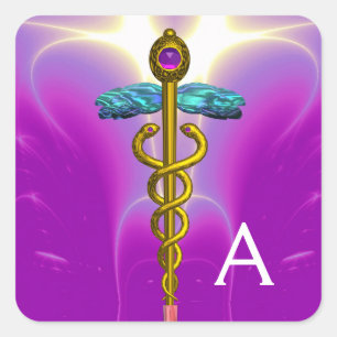 GOLD CADUCEUS MONOGRAM ,Purple Pink Square Sticker