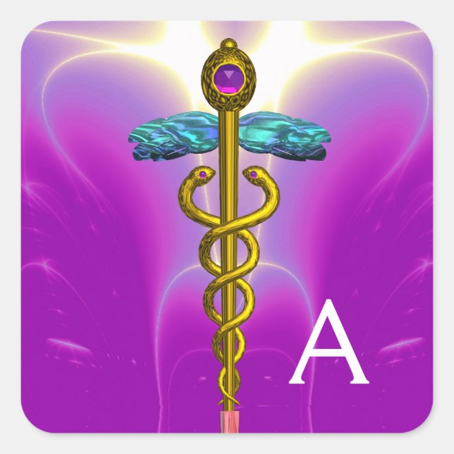 GOLD CADUCEUS MONOGRAM ,Purple Pink Square Sticker (Front)