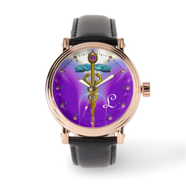 GOLD CADUCEUS MONOGRAM ,Purple Teal Watch (Front)