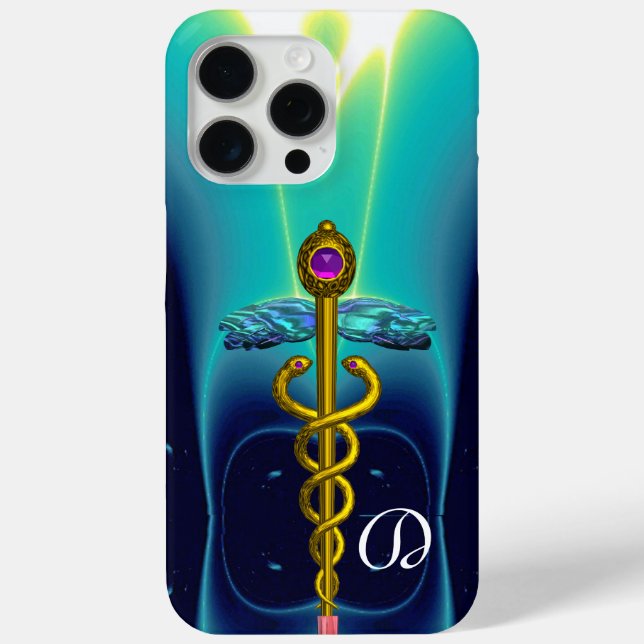 GOLD CADUCEUS MONOGRAM ,Teal Aqua blue Case-Mate iPhone Case (Back)