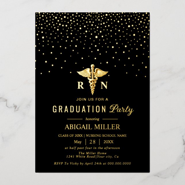 Gold caduceus on black Class Of 2026 graduation  Foil Invitation (Front)