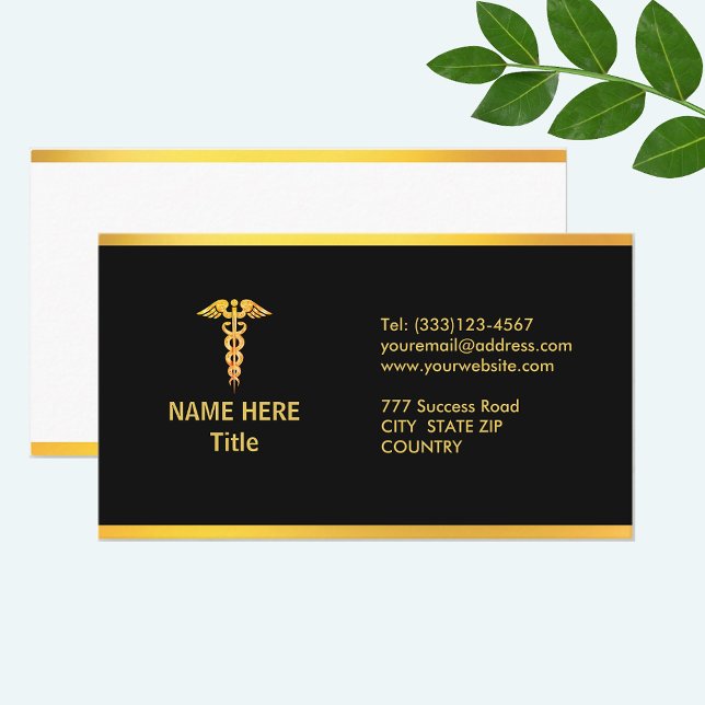 Gold Caduceus on Black Medical Business Business Card (Creator Uploaded)
