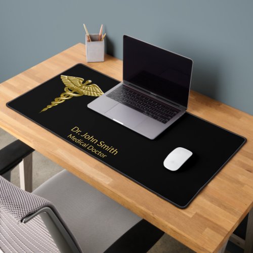 Gold Caduceus on Black Medical Classy Desk Mat