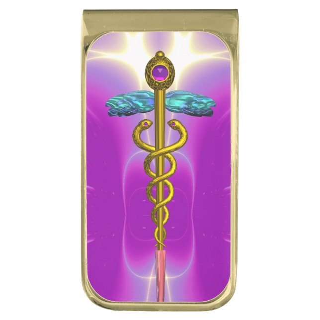 GOLD CADUCEUS , Pink Fuchsia Gold Finish Money Clip (Front Vertical)