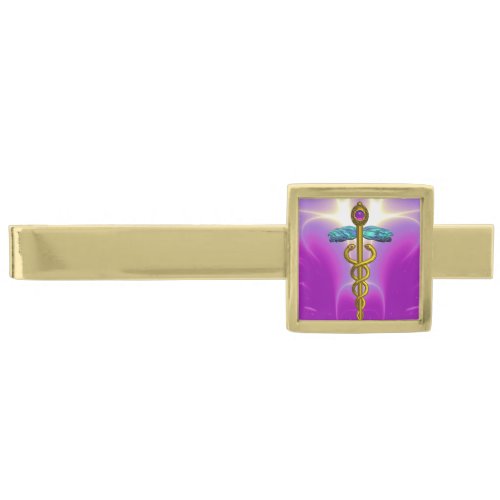 GOLD CADUCEUS Pink Fuchsia Gold Finish Tie Clip