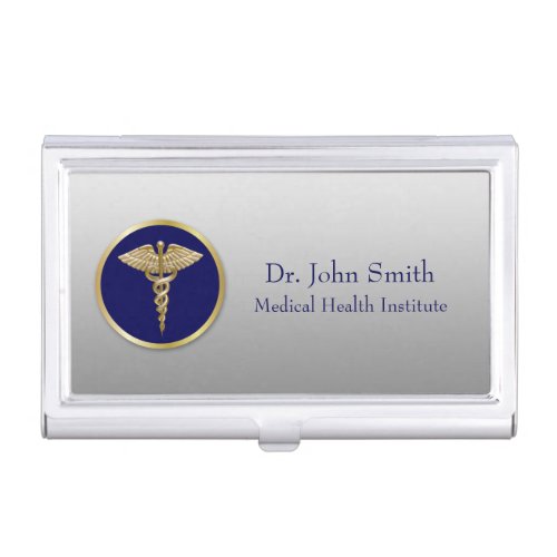 Gold Caduceus Professional Medical Blue Business Card Case
