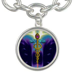 GOLD CADUCEUS ,Purple Blue Charm Bracelet