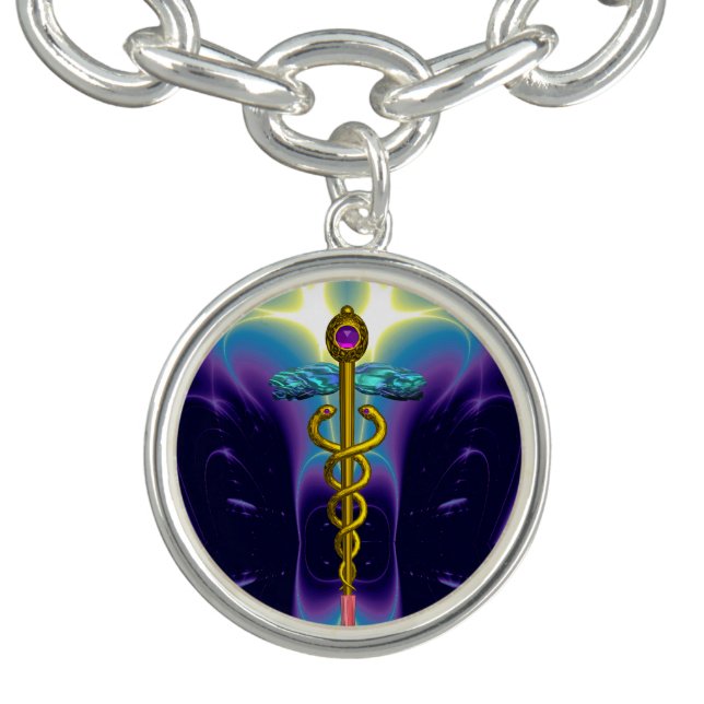 GOLD CADUCEUS ,Purple Blue Charm Bracelet (Design)