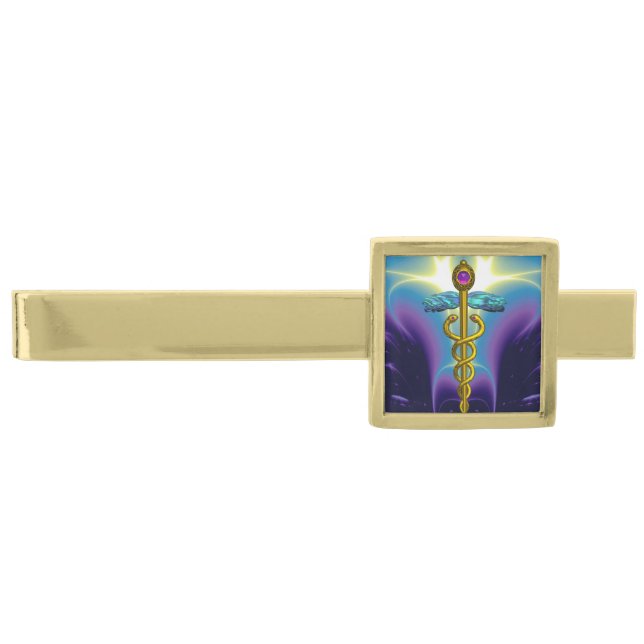 GOLD CADUCEUS ,Purple Blue Finish Tie Bar (Front)