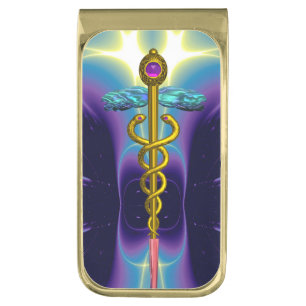 GOLD CADUCEUS ,Purple Blue Gold Finish Money Clip