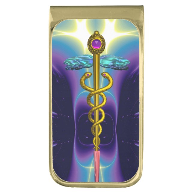 GOLD CADUCEUS ,Purple Blue Gold Finish Money Clip (Front Vertical)