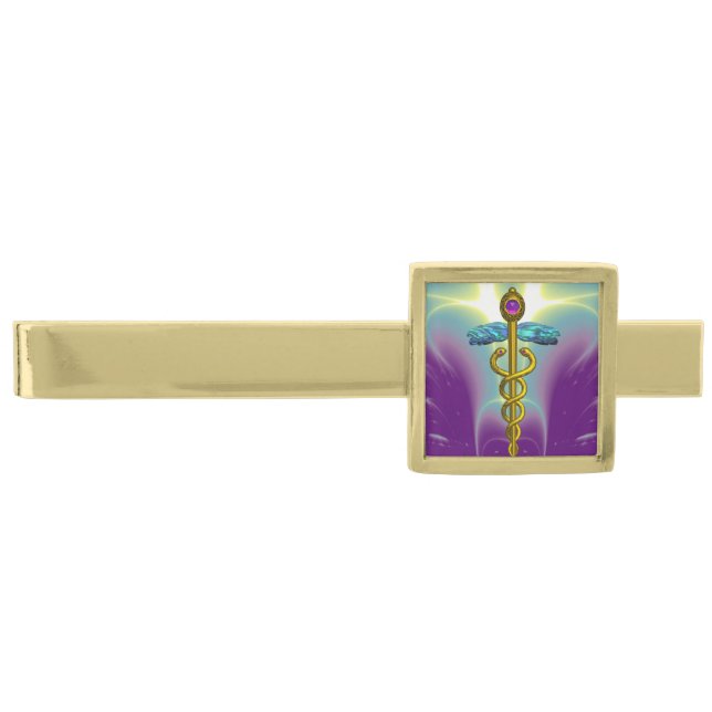 GOLD CADUCEUS ,Purple Green Gold Finish Tie Bar (Front)
