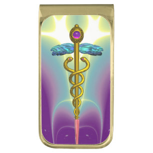 GOLD CADUCEUS , Purple Green,Turquoise Finish Money Clip