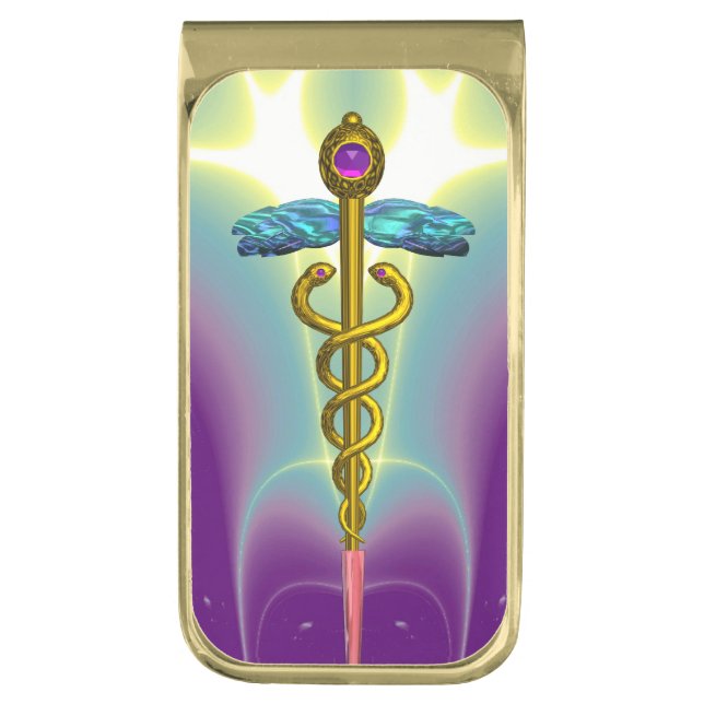 GOLD CADUCEUS , Purple Green,Turquoise Gold Finish Money Clip (Front Vertical)