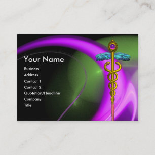 GOLD CADUCEUS , PURPLE GREEN VIOLET FRACTAL SWIRLS BUSINESS CARD