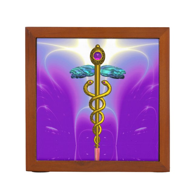 GOLD CADUCEUS Purple Pink, Aqua Blue ,Teal Pencil/Pen Holder (Front)