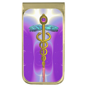 GOLD CADUCEUS , Purple ,Teal Blue Finish Money Clip