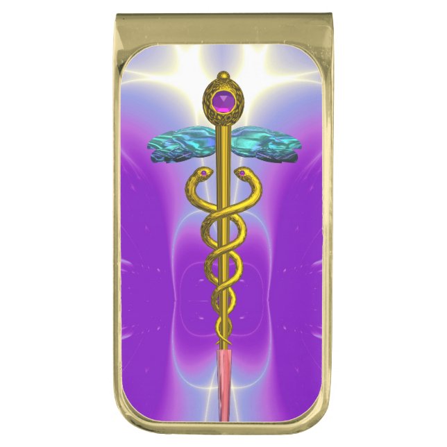 GOLD CADUCEUS , Purple ,Teal Blue Gold Finish Money Clip (Front Vertical)