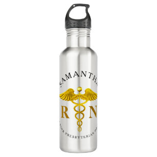 Gold Caduceus Registered Nurse Name Stainless Steel Water Bottle