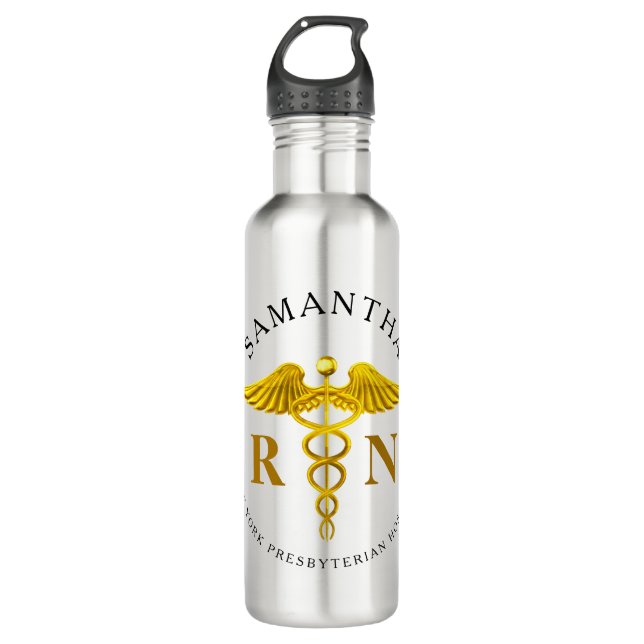 Gold Caduceus Registered Nurse Name Stainless Steel Water Bottle (Front)