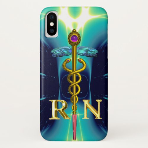 GOLD CADUCEUS REGISTERED NURSE SYMBOL Aqua Blue iPhone X Case