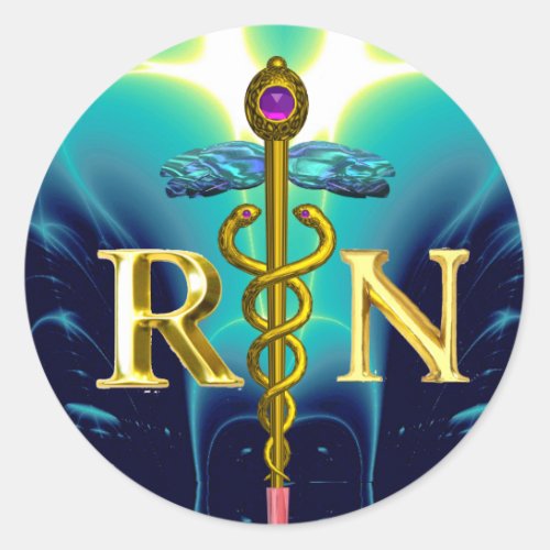 GOLD CADUCEUS REGISTERED NURSE SYMBOL Aqua Blue Classic Round Sticker