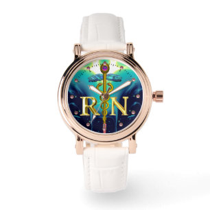 GOLD CADUCEUS REGISTERED NURSE SYMBOL Aqua Blue Watch