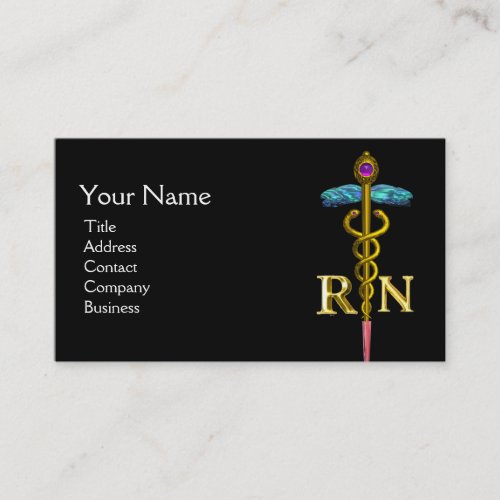 GOLD CADUCEUS REGISTERED NURSE SYMBOL Black Business Card
