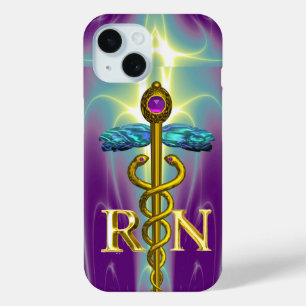 GOLD CADUCEUS REGISTERED NURSE SYMBOL Blue Purple iPhone 15 Case