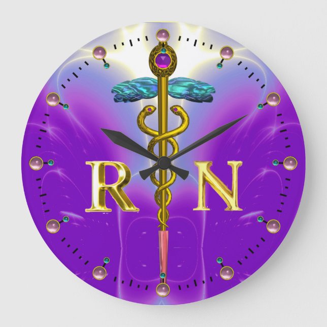 GOLD CADUCEUS REGISTERED NURSE SYMBOL,Blue Purple Large Clock (Front)